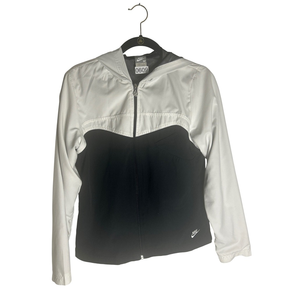 Nike Womens Hooded Windbreaker Jacket Black White Colorblock Full Zip Size M
